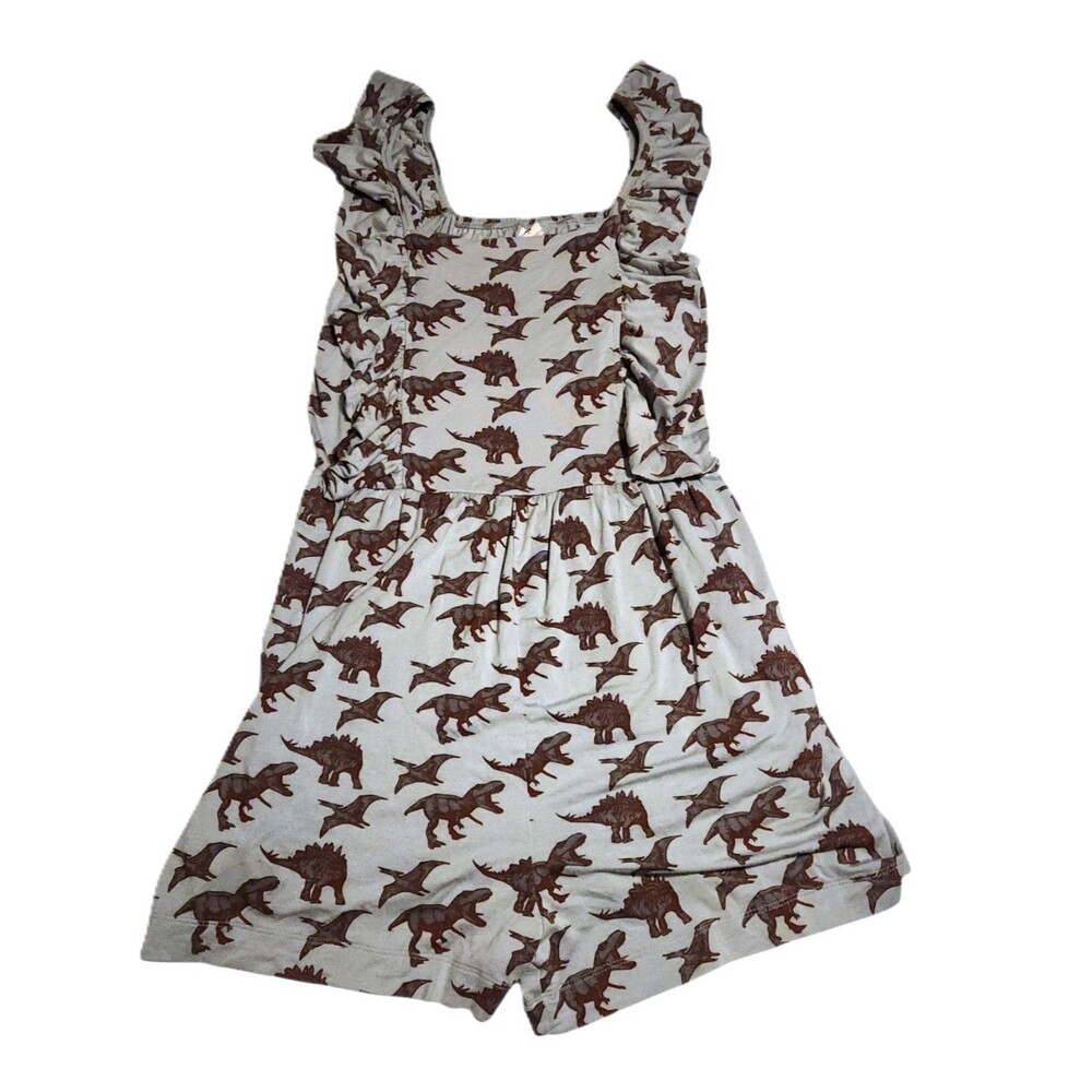 Kate Quinn Pinafore Ruffle Romper Blue w/ Dinosaurs Bamboo Blend Womens Size XS
